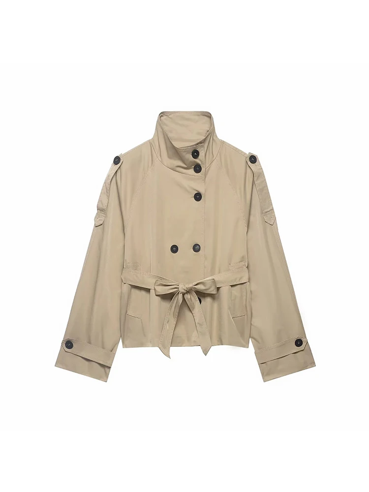 Abrigos cortos tipo trench para mujer, conjunto de otoño para mujer, abrigos de doble botonadura con cuello alto, chaquetas vintage informales para dama