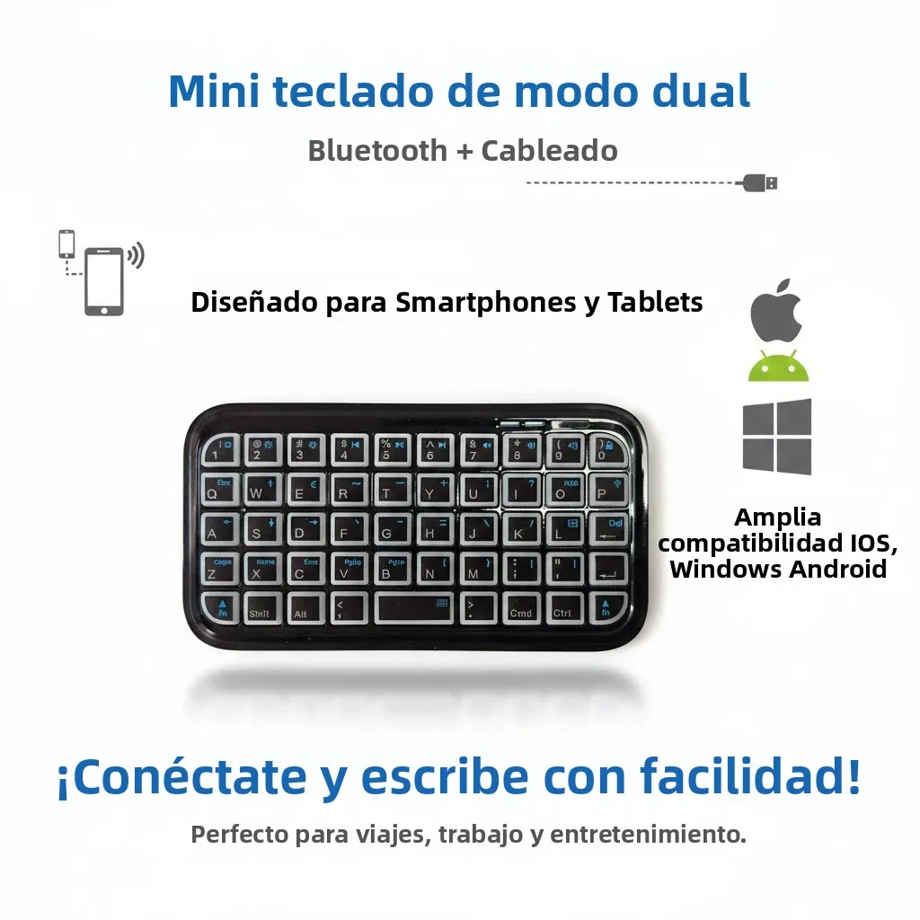 Teclado RGB Retroiluminado de Modo Dual (Bluetooth + Cableado), Mini Recargable Tipo-C, Portátil de Bolsillo, 49 Teclas para Tablets y Smartphones