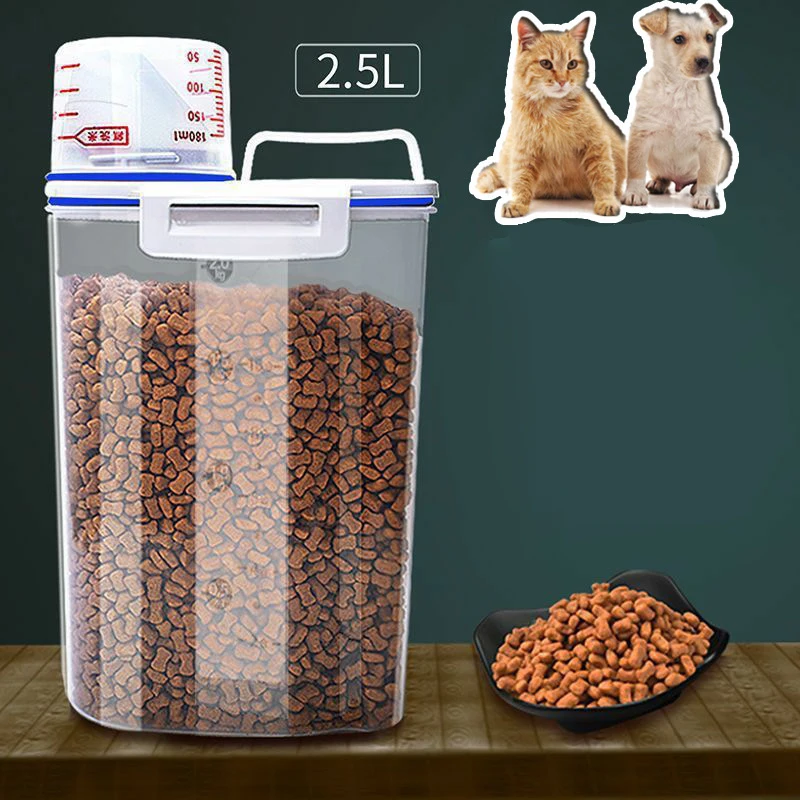 Contenedor de almacenamiento de alimentos para perros y gatos, cubo de plástico con taza medidora hermética a prueba de humedad, suministros para mascotas, tarro de cocina, 1,5 kg/2kg