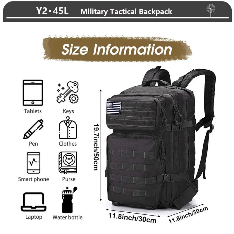 Mochila táctica de asalto de 3 días para hombre, bolsa Molle grande de 38/45L, impermeable para exteriores, senderismo, Camping, viaje, 600D