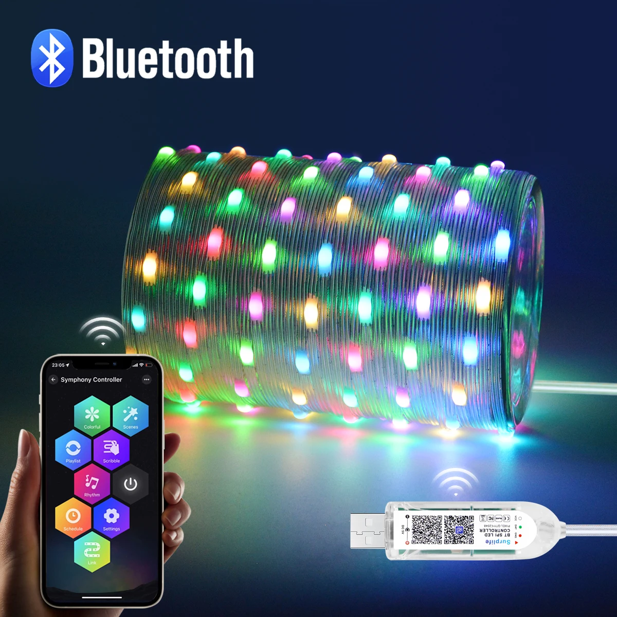 Tira de Luces LED RGBIC Inteligente, Bluetooth, USB, 20m, Impermeable, Guirnalda de Luces, para Habitación, Exterior, Jardín, Luces Decorativas, Decoración Navideña