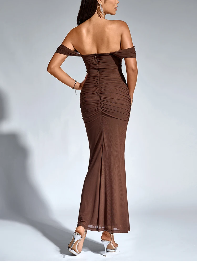 NewAsia Vestido largo con corsé de malla fruncida y hombros descubiertos para mujer, sin espalda, ceñido al cuerpo, elegante, a la moda, para fiesta y Club
