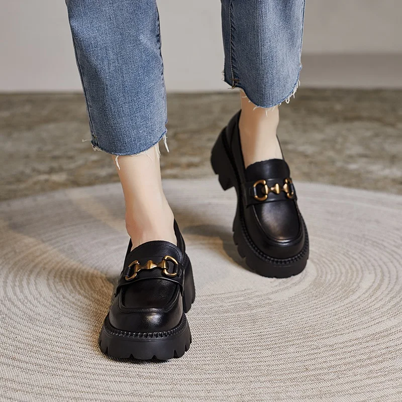 DRKANOL, mocasines de tacón grueso para mujer, zapatos de tacón sin cordones, nuevo diseño de primavera y otoño, zapatos de plataforma de tacón alto con punta redonda de cuero genuino de Metal