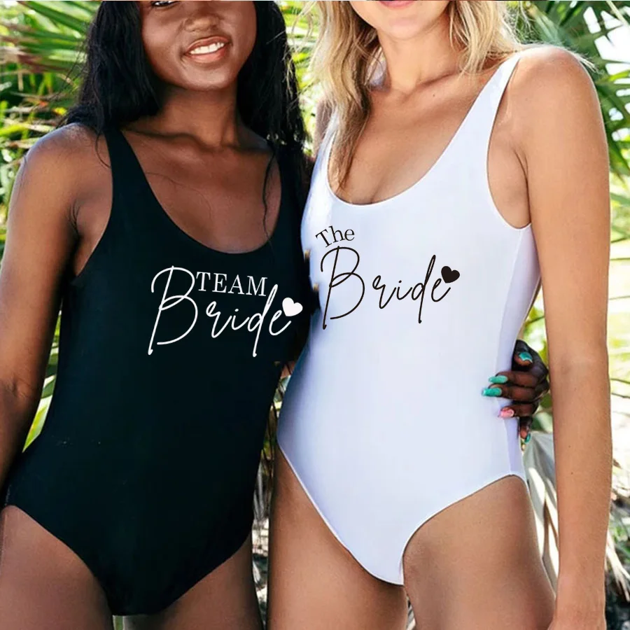 TEAM Bride Heart Print One Piece Swimsuit Women Swimwear High Cut Low Back Sexy Bodysuit Bachelor Party Bathing Suit Swimming