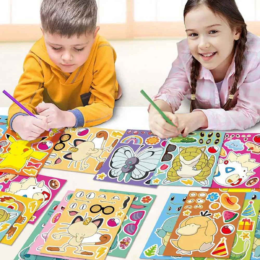 6/12 hojas de rompecabezas de Pokémon para niños, pegatinas de Anime para hacer una cara, montar calcomanías divertidas de dibujos animados, rompecabezas para niños, juguete para regalo