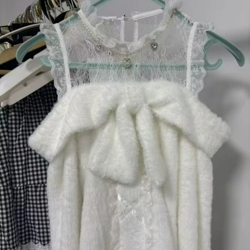 Suéteres de punto estilo Lolita japonesa para mujer, dulces, con encaje, hombros descubiertos, manga larga, estilo Y2K, top holgado para otoño