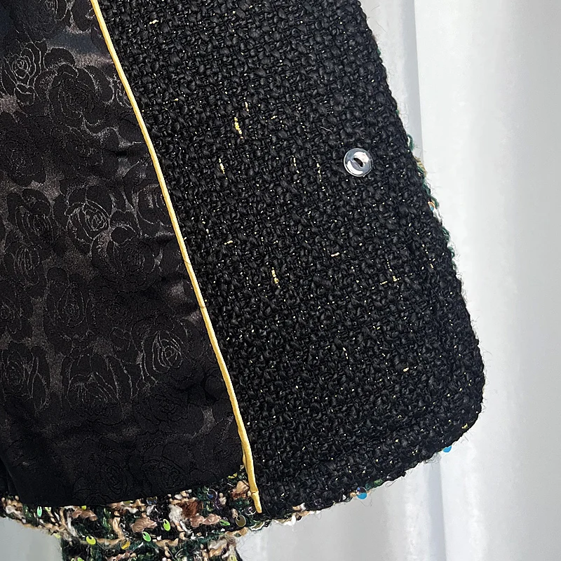 Nueva moda retro celebridad industria pesada lentejuelas temperamento diseño cuello redondo solo pecho pequeña chaqueta con fragancia