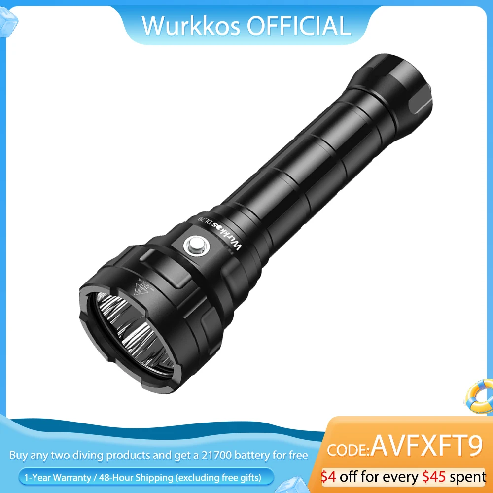 Linterna de Buceo Wurkkos DL70 Ultrabrillante, Doble Batería 26650, 13000 Lúmenes, Resistente al Agua IPX8, Luz LED 4*XHP50B, 4 Modos