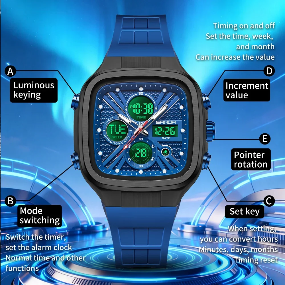Relojes SANDA de moda para hombre, relojes deportivos cuadrados, relojes digitales con doble hora, relojes de pulsera electrónicos impermeables hasta 50m para hombre