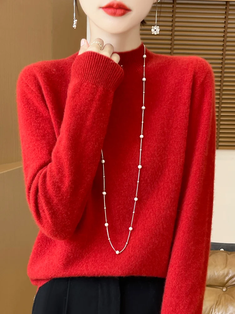 Suéter de lana de 100% a la moda para mujer, prendas de punto con cuello simulado, jerséis de Cachemira, jerséis de manga larga para otoño e invierno, Tops