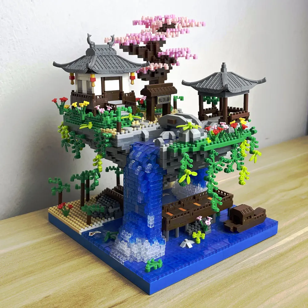 Taohuatan-Juego de bloques de construcción de Micro ladrillos con temática de lago, juguetes creativos para adultos, ladrillos de modelo de paisaje chino único con luz LED