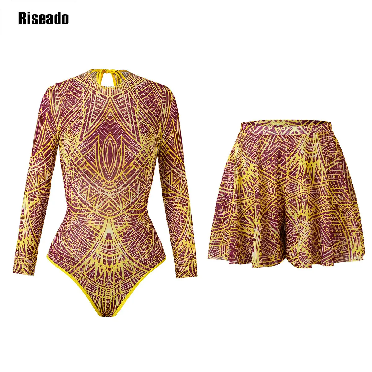 Riseado Traje de baño de malla con pantalones largos y traje de baño Ropa de playa de malla de manga larga Traje de baño sexy de cintura alta Ropa de playa inteligente