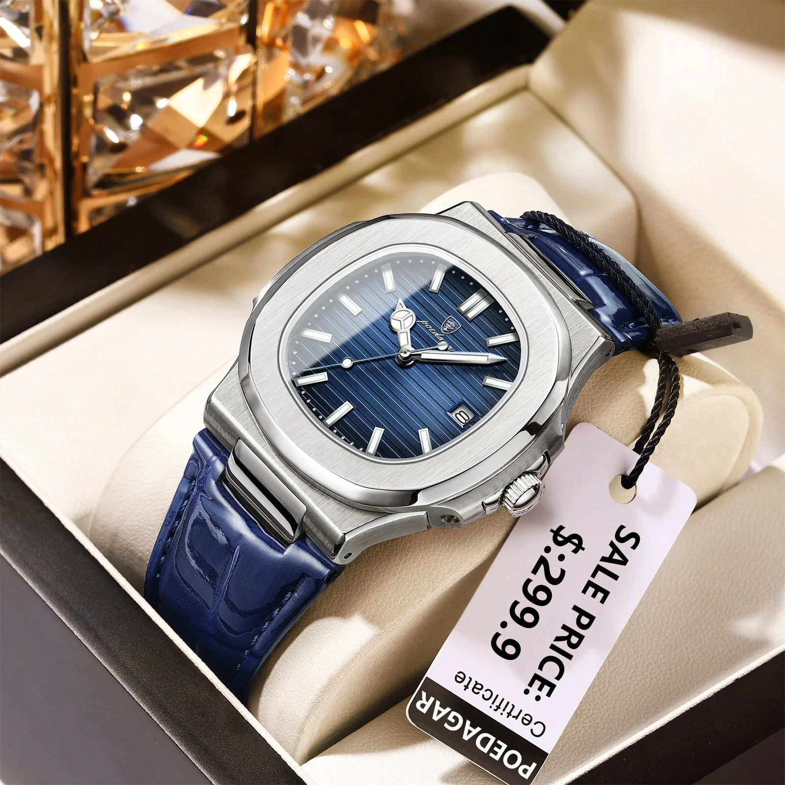 POEDAGAR, Reloj cuadrado de lujo para hombre, Reloj de pulsera luminoso resistente al agua con fecha para hombre, relojes de cuarzo de cuero de alta calidad para hombre + Reloj con caja