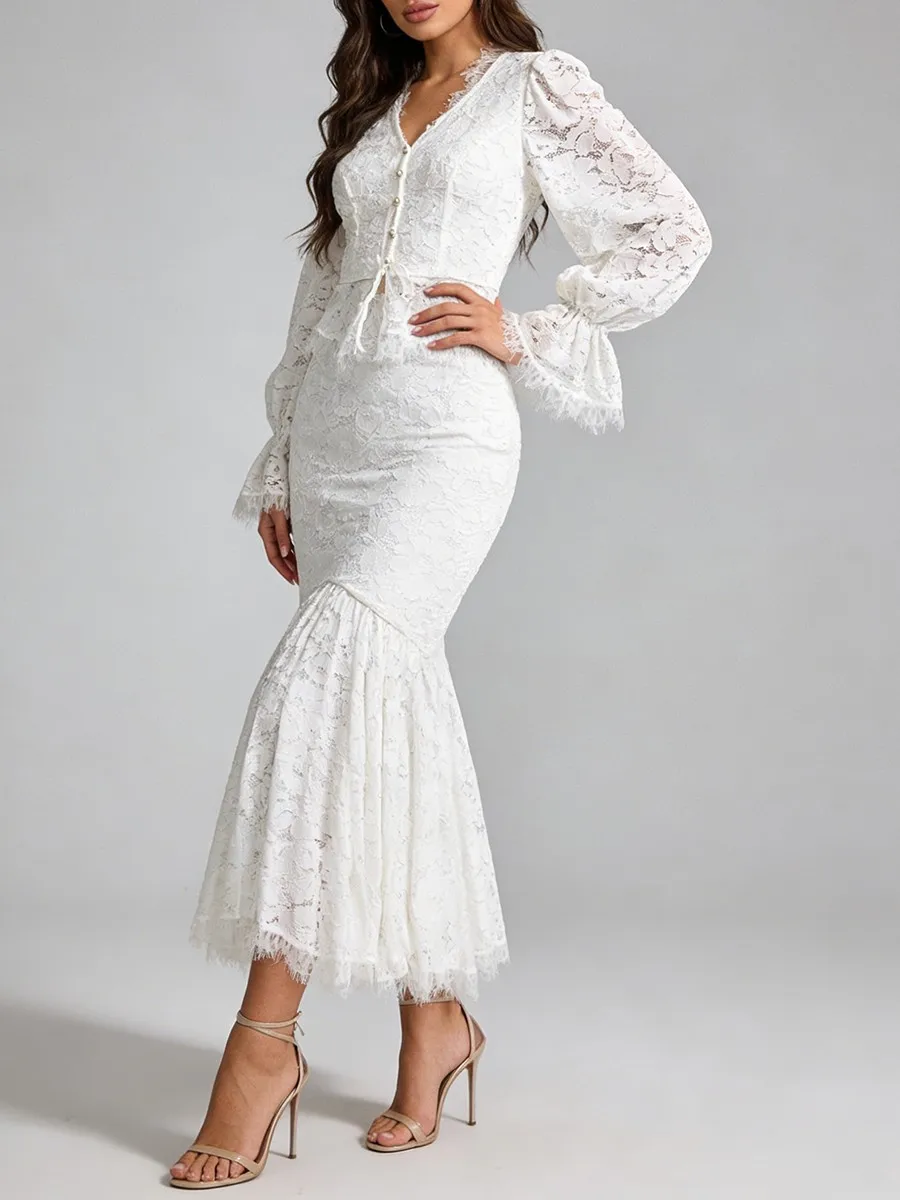TWOTWINSTYLE, conjuntos de dos piezas de encaje empalmado transparente adelgazante para mujer, cuello en V, manga larga, falda Irregular de cintura alta, conjunto femenino nuevo
