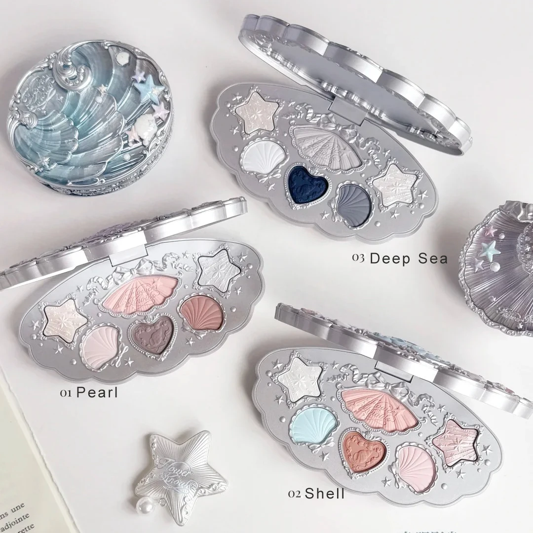 Paleta de sombras de ojos Flower Knows Shells Jewel, 6 colores mate y brillante, paleta de maquillaje de larga duración altamente pigmentada, tema del océano