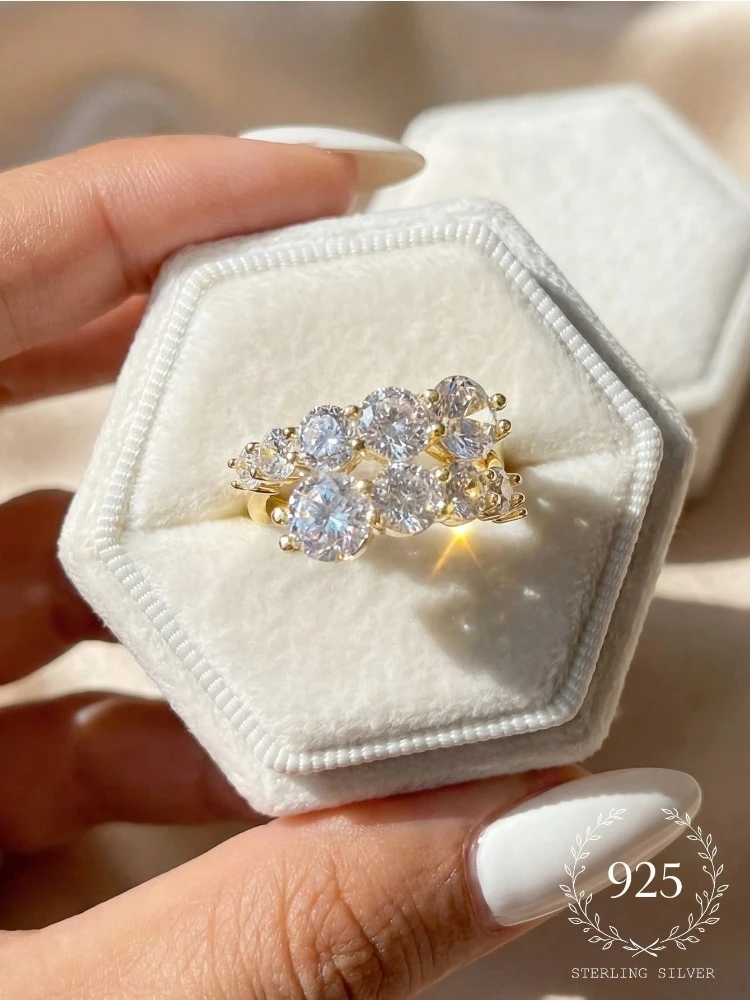 Anillo de circonita redondo ajustable personalizado de Plata de Ley 925 para mujer, joyería fina de alta calidad de lujo para aniversario