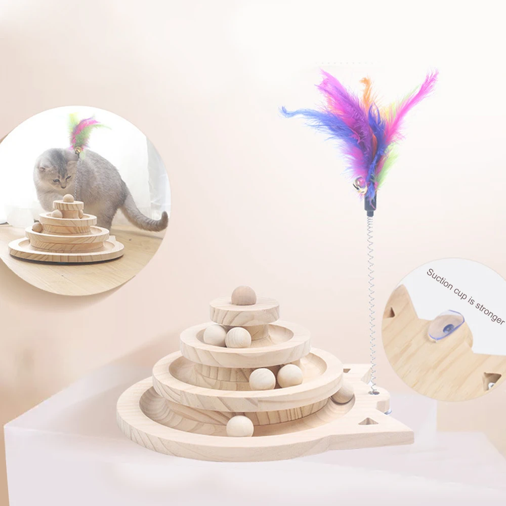 Juguete de madera para gatos de 2/3 niveles, torre de pistas, disco de diversión de inteligencia para gatos, disco de juego Triple, juguetes para gatos, juguetes de entrenamiento de pelota