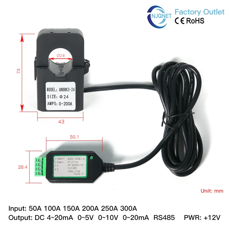 Sensor de Corriente de Núcleo Dividido QNDBK3-16 AC 150A 100A 50A 63A 20A 10A RS485 Transformador de Corriente Tipo Abierto con Pinza Modbus