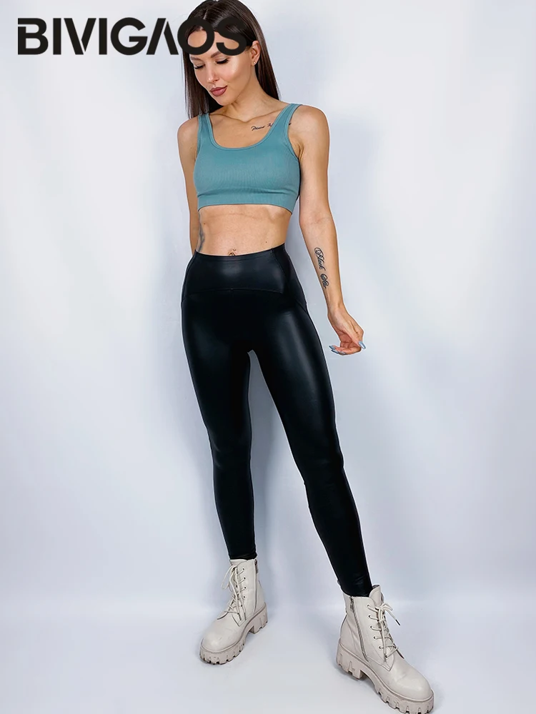 BIVIGAOS, pantalones de cuero PU mate de lana para primavera y otoño para mujer, mallas ajustadas elásticas, mallas ajustadas a prueba de viento, Legging Sexy cálido