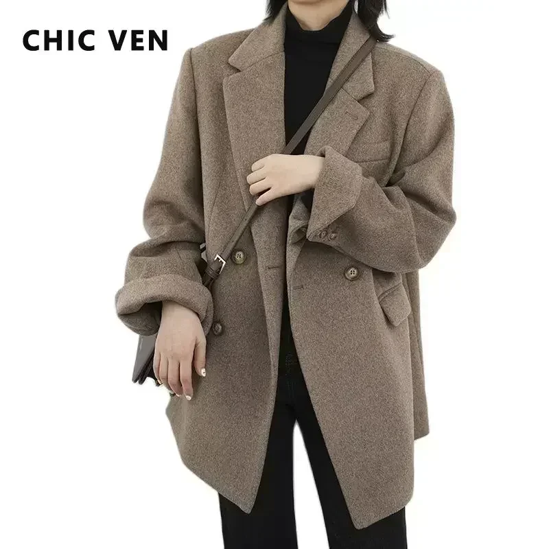CHIC VEN-abrigo de mezcla de lana para mujer, Blazer de lana medio largo liso, blusa gruesa y cálida, abrigo para mujer, Tops de oficina para mujer, Otoño Invierno