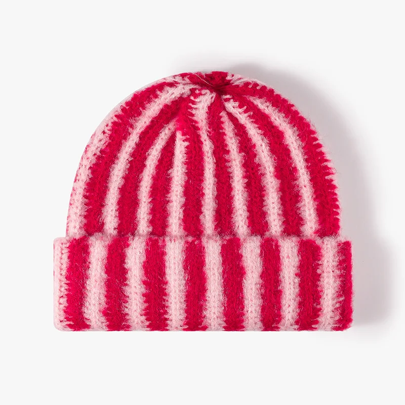 Gorro de punto a rayas para mujer y niña, ropa de calle Y2k, gorro de pescador tejido de lana con rayas degradadas de arcoíris, moda de invierno