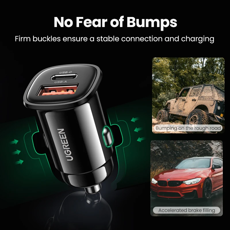 UGREEN-cargador de coche de 30W, dispositivo de carga rápida PD QC4.0 3,0 SCP tipo C, USB, para iPhone 14 13 12 Xiaomi