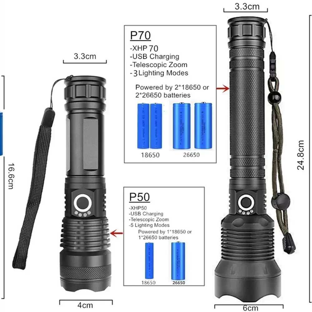 Linterna Táctica LED Recargable Súper Brillante con Zoom, Potente Linterna USB XHP70.2, Linterna XHP70 con Batería 18650 o 26650, Lámpara de Campamento