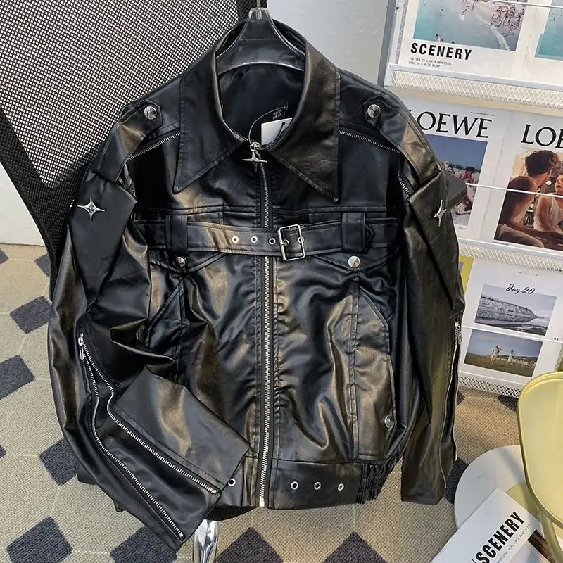 Chaqueta de cuero de industria pesada para hombre, deconstrucción de nicho, diseño de primavera y otoño, chaqueta de cuero corta holgada para motocicleta
