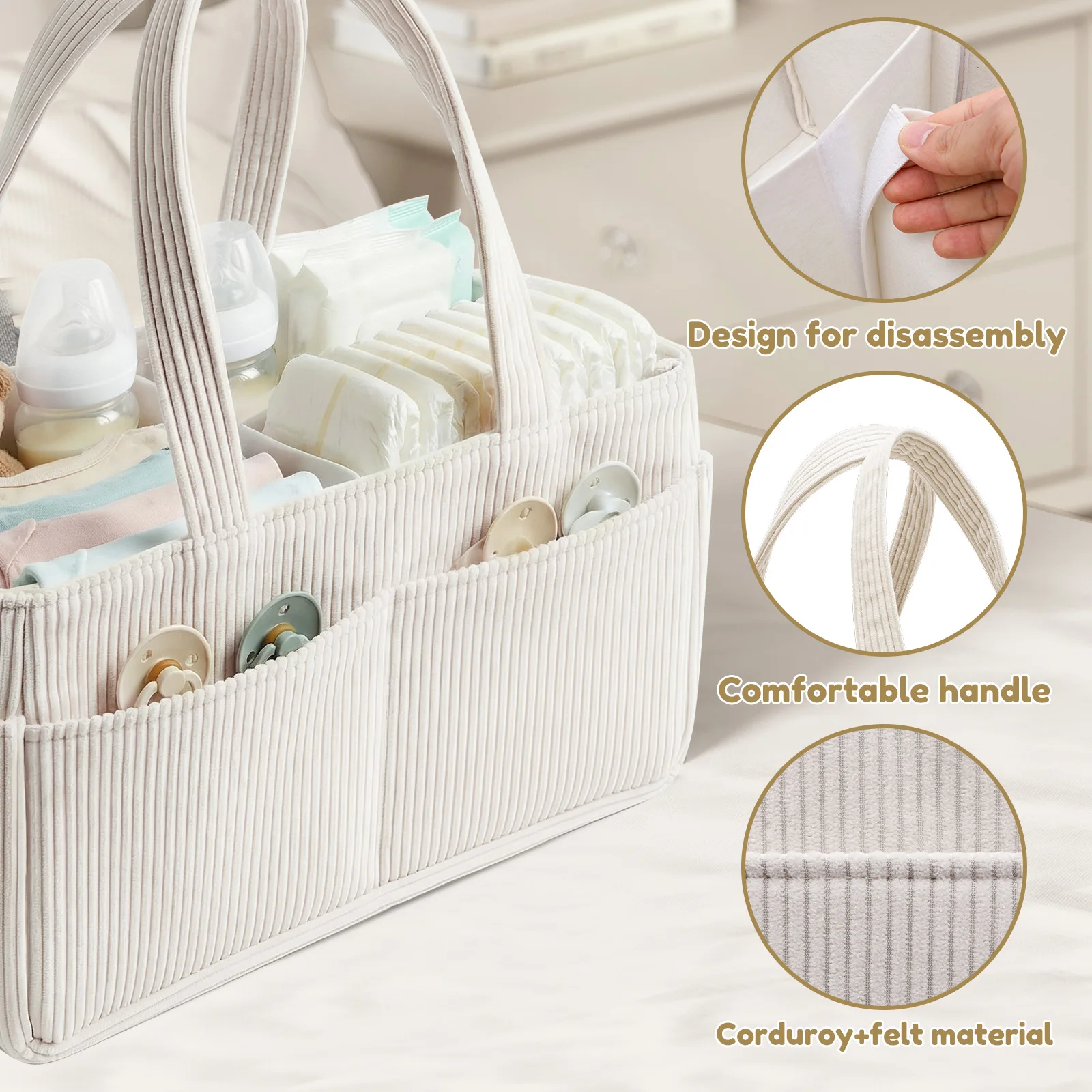 Bolsa de Pañales de Gran Capacidad, Plegable y Portátil, de Pana, con Diseño Dividido, Organizador de Pañales