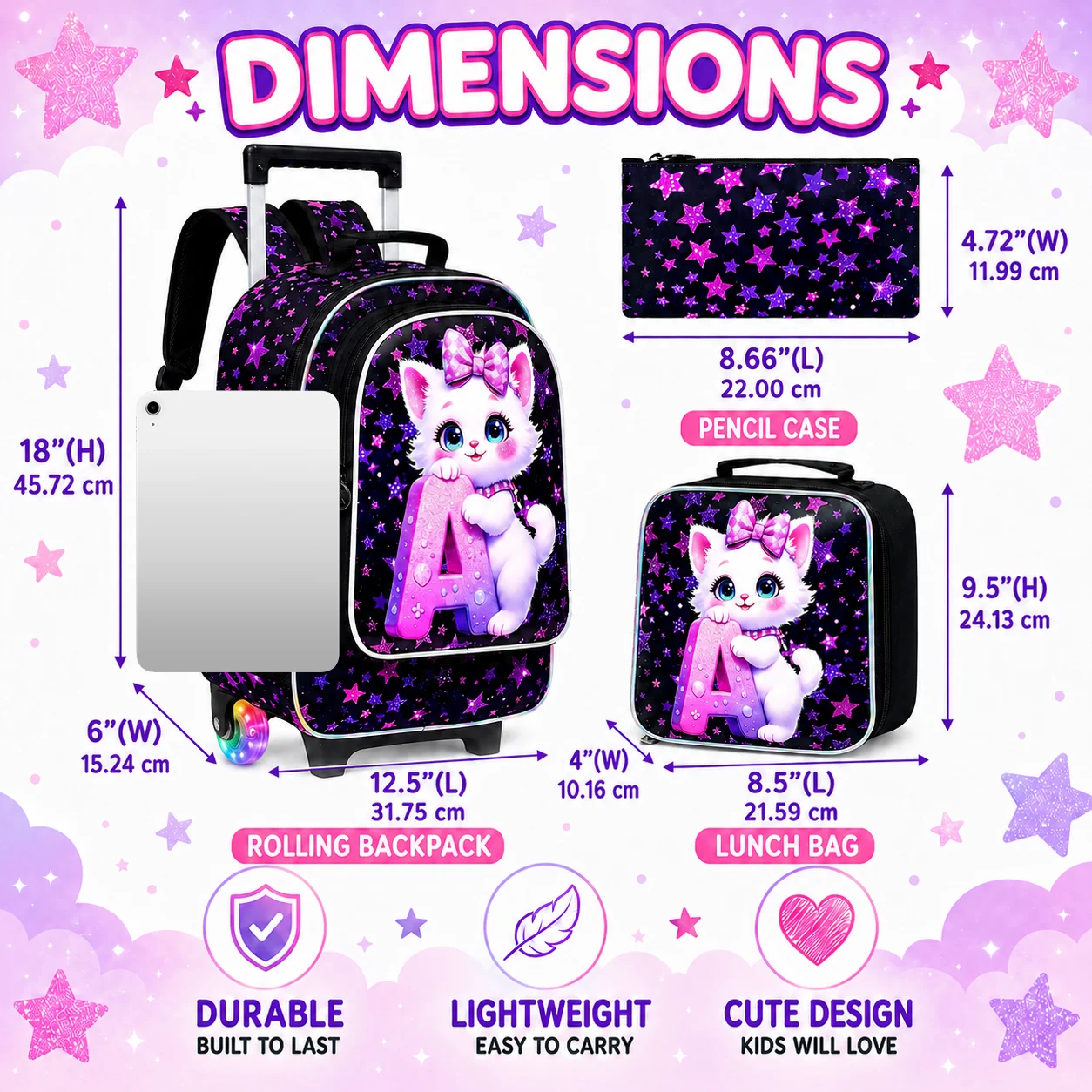 Juego de 3 mochilas con ruedas para niñas, mochila escolar con ruedas con diseño de gato y letra A, con bolso de mano y estuche para lápices