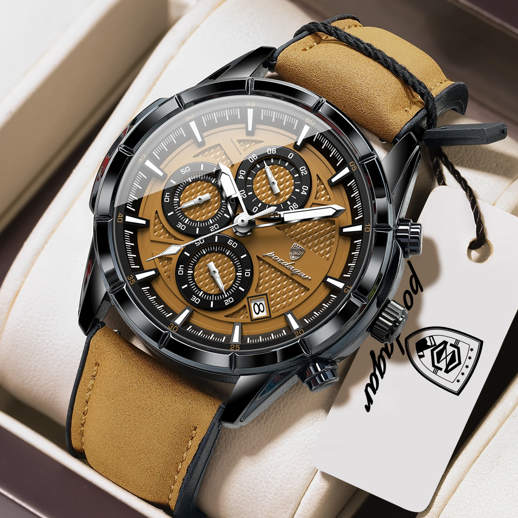 Reloj de Pulsera POEDAGAR Vintage para Hombre, Reloj de Cuarzo de Moda con Correa de Cuero, Fecha, Cronógrafo, Luminoso, Resistente al Agua, para Hombre de Negocios
