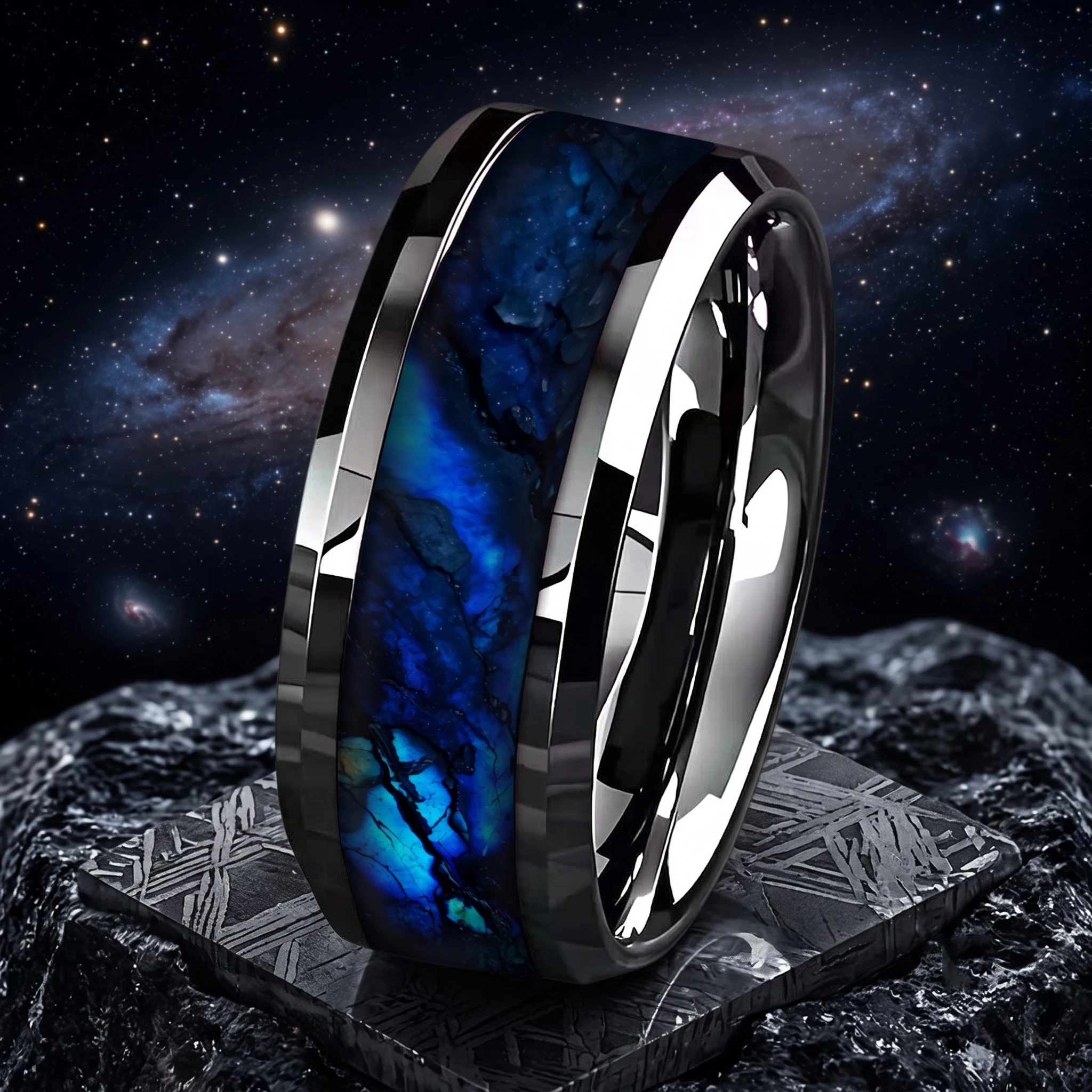 Anillo de Acero Inoxidable para Hombre SUNFLOWER 2026, Diseño de Cielo Estrellado Azul, Anillo de Boda Único, Resistente a la Decoloración, Pulido, con Doble Bisel