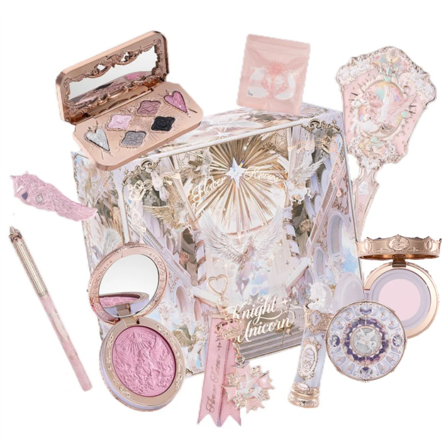 Set de Regalo de Maquillaje Flower Knows Knight Unicorn, Lápiz Labial, Rubor, Polvo Fijador Cloud, Sombra de Ojos Starlight, Kit de Cosméticos en Caja de Regalo