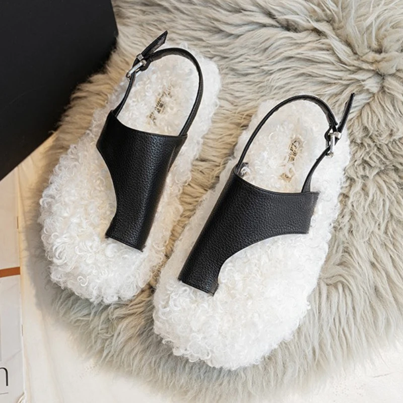 Zapatillas planas cómodas y cálidas para Mujer, Zapatos De diseñador con hebilla y correa trasera a la moda, chanclas De talla grande 42