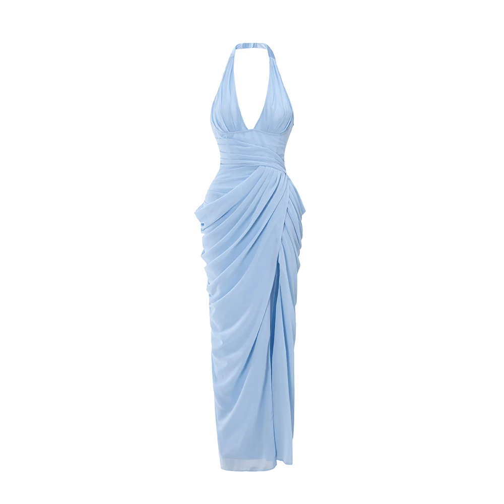 Vestido de Noche Sexy con Corsé Halter Suninheart, Vestido Largo Ajustado de Malla con Abertura Alta, Vestido de Fiesta para Invitadas de Boda con Fruncido Sexy