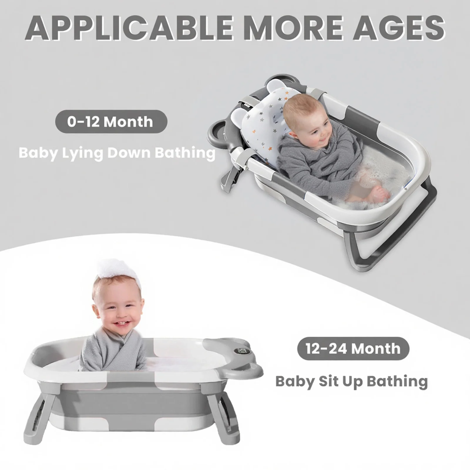 Bañera de viaje portátil, bañera plegable para bebé, con termómetro y 1 cojín flotante suave, con orificio de drenaje, para bebé de 0 a 36 meses