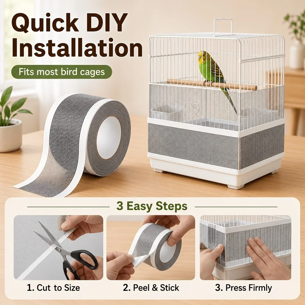 1 unidad de red de malla autoadhesiva y cortable para jaula de pájaros, protector transpirable antisalpicaduras, cubierta envolvente, accesorios para plumas de loros
