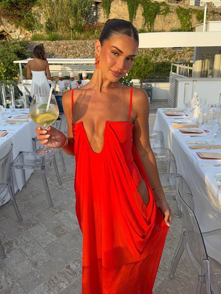 Vibrante Vestido Maxi Fluido para Vacaciones, con Escote en U Profundo, Estilo Bohemio Chic, de Chifón, Holgado, para Mujer, Ideal para la Playa, Vacaciones, Fiestas de Verano