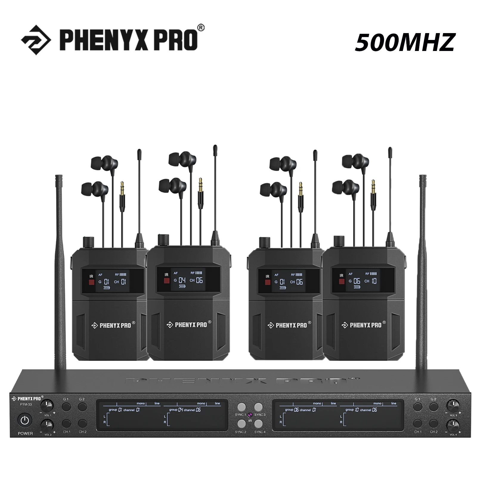 Phenyx Pro Sistema de Monitor intrauditivo inalámbrico Mono, cuatro canales, 500mhz, con 4 salidas de bucle, frecuencias UHF, montaje en Rack para estudio/banda