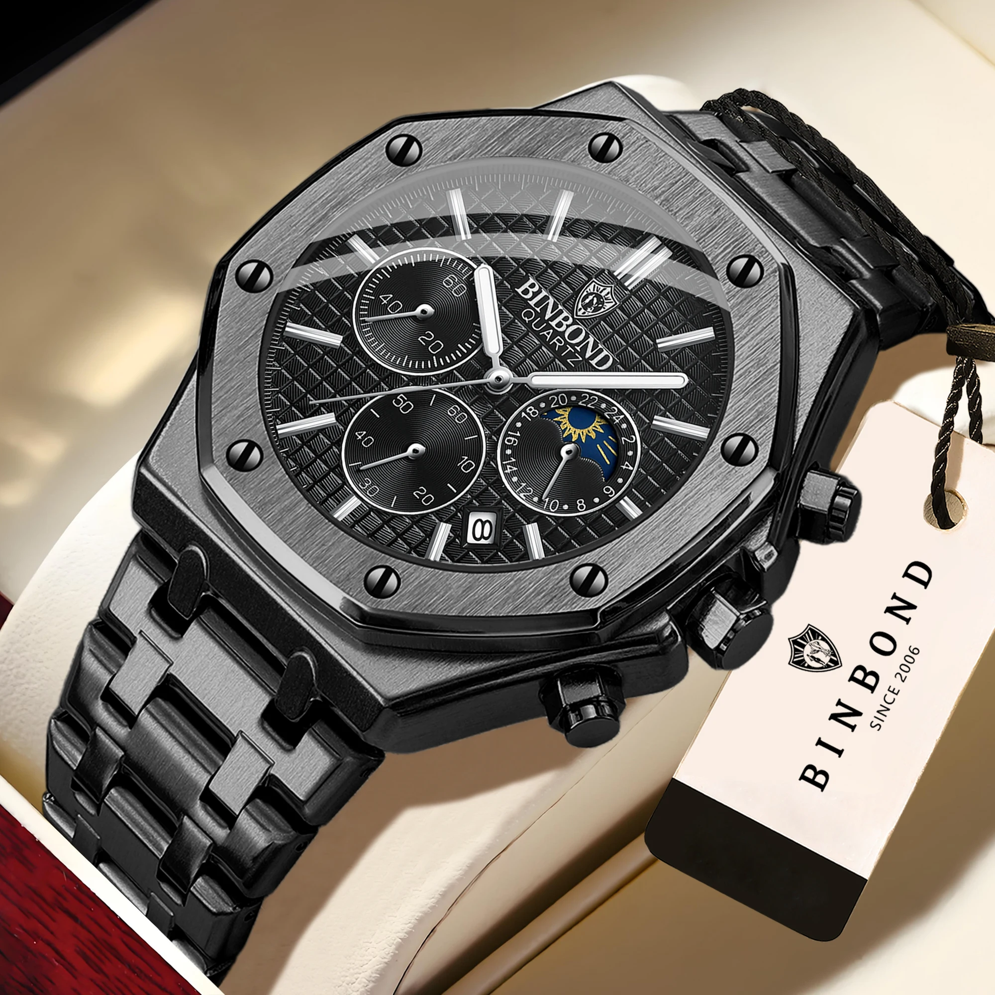 Relojes de Pulsera de Cuarzo de Lujo BINBOND, Luminosos, Resistentes al Agua, con Fecha Automática, Cronógrafo, Reloj Deportivo de Negocios para Hombre