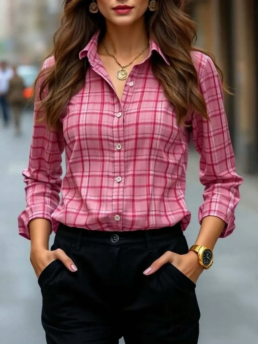 Blusa con botones y estampado a cuadros para mujer, tops informales de manga larga con cuello, atuendos multicolor elegantes para el día a día para primavera y verano