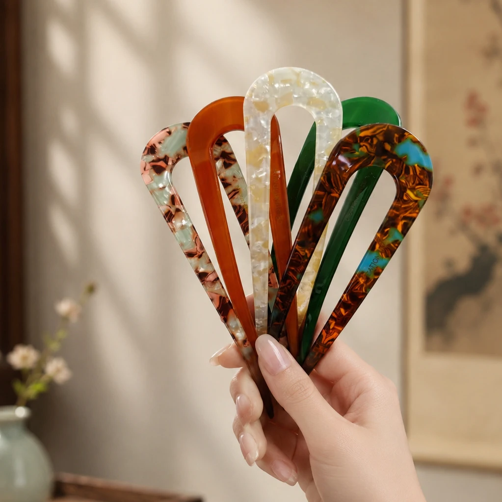 Horquilla de acetato en forma de U para mujer, horquilla francesa para moño, palillo para moño con efecto de caparazón de tortuga, accesorios coreanos vintage para peinados recogidos y moños.
