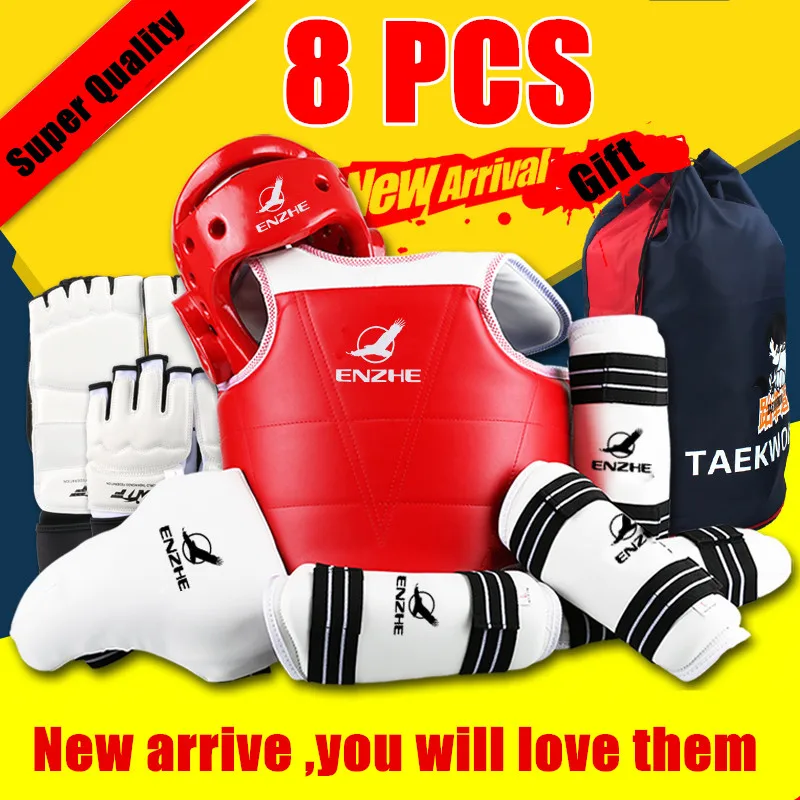 Conjunto de protectores de Taekwondo de alta calidad, 8 piezas, WTF, aprobado, espinilla, antebrazo, protector de pecho, casco de Karate, ingle, guante TKD, zapatos