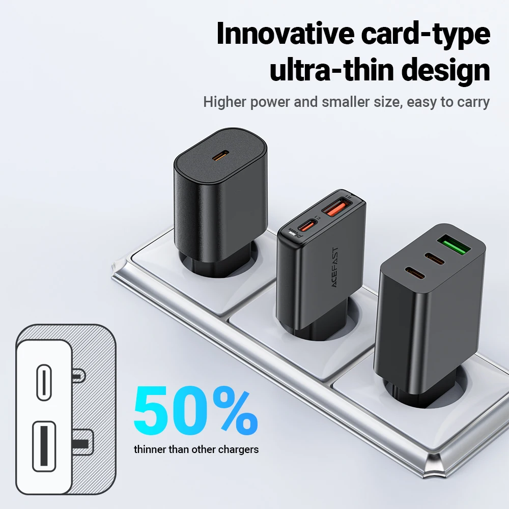ACEFAST-cargador de teléfono ultrafino GaN PD30W, carga rápida para iPhone 17/16/15 Pro Max, carga rápida de viaje para pared para Samsung S23