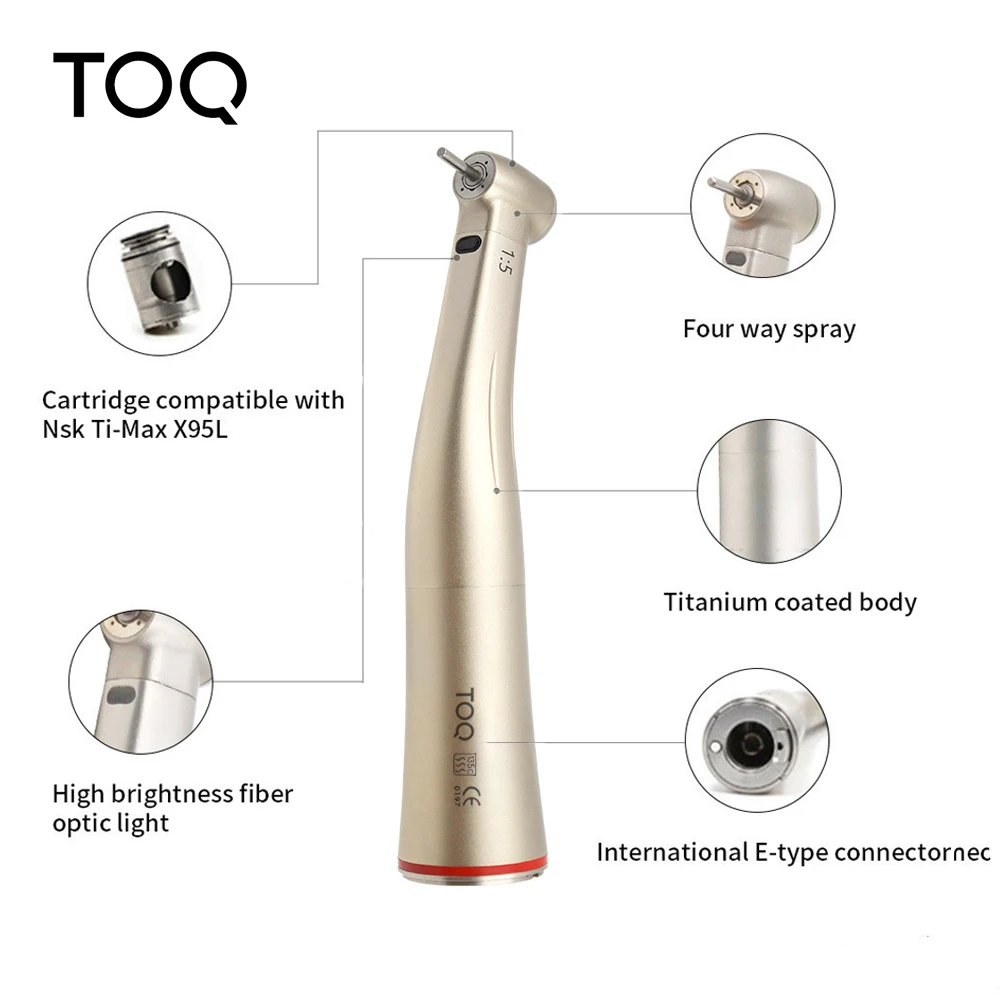 TOQ Dental Contra-ángulo de Fibra Óptica con Anillo Rojo, Relación de Aumento 1:5, con Botón de Presión, Herramienta Dental para Dentistas
