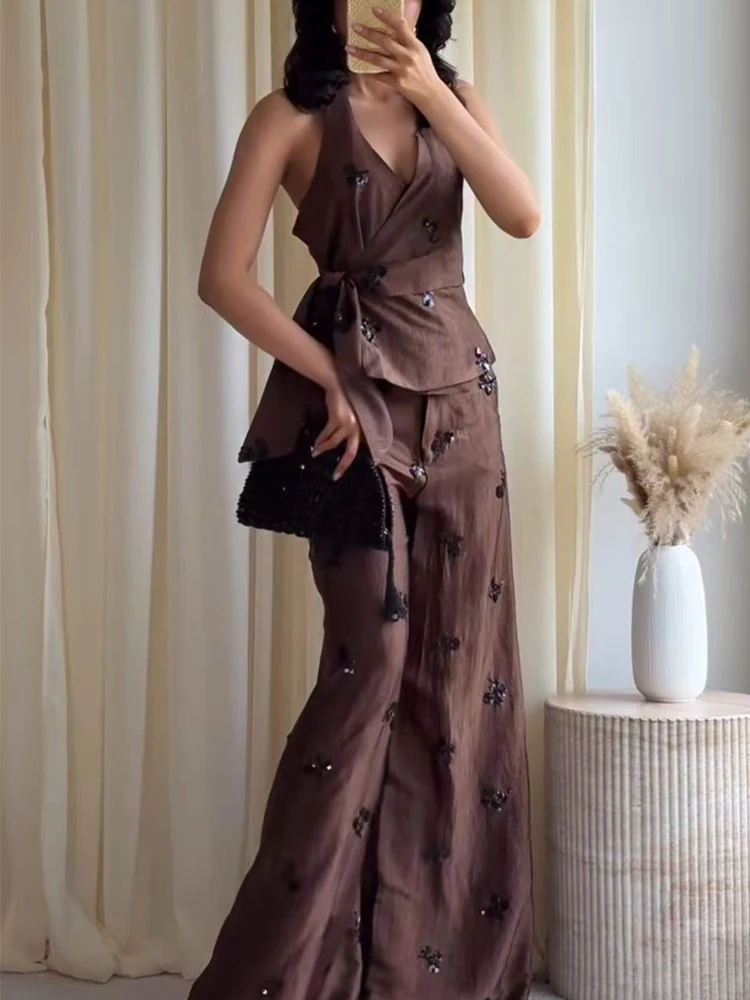 TFMLN Nuevo Conjunto de Pantalones con Lentejuelas para Mujer, Top Sexy con Cuello Halter y Pantalones Anchos de Pierna, Conjunto de Dos Piezas, Moda de Verano 2026, Atuendo para Vacaciones