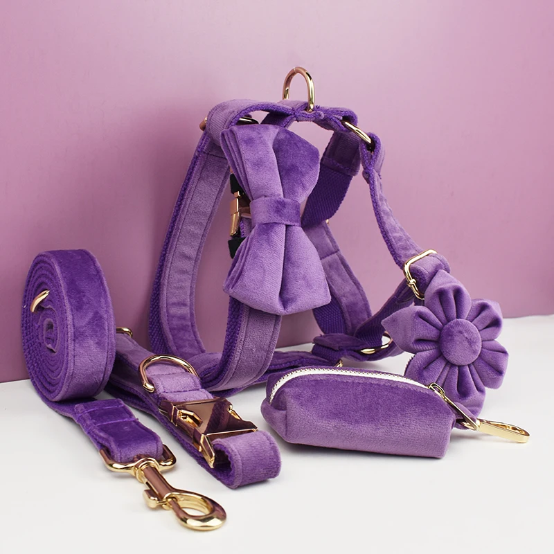 Conjunto de collar y correa de terciopelo morado para perros pequeños, medianos y grandes, placa con nombre grabada personalizada, suministros para mascotas, correa de terciopelo para perros 16