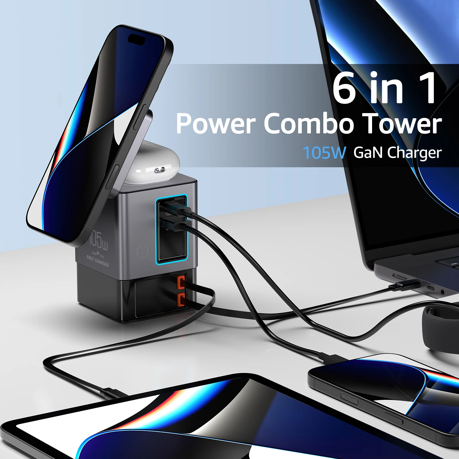 Estación de carga 6 en 1 con cable USB-C retráctil Torre combinada de alimentación 105W para múltiples dispositivos Cargador rápido para iPhone Airpod