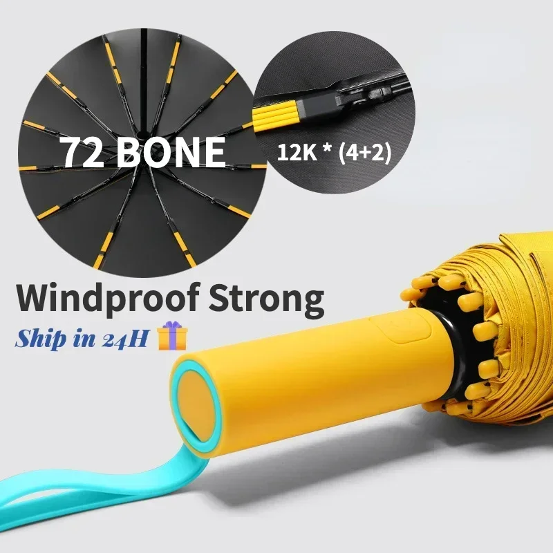 Paraguas plegable automático para hombre y mujer, superfuerte, resistente al viento, 72 huesos, reforzado, grande, a prueba de lluvia, protección solar