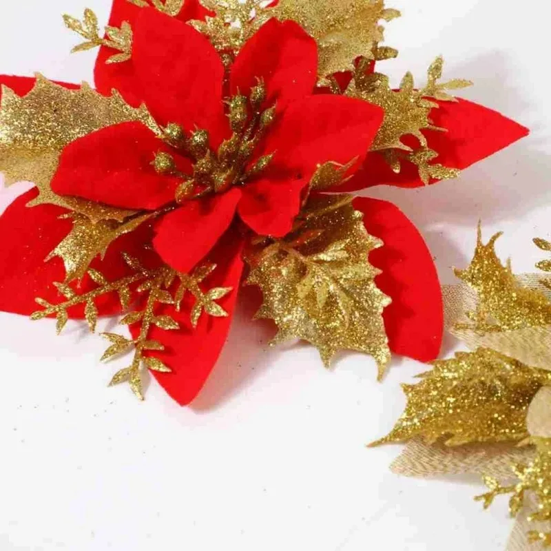 Flores Artificiales de Poinsettia Rojas Doradas Brillantes, Árbol de Navidad Artificial, Flores Falsas con Purpurina, Adornos Florales para Fiestas y Hogar